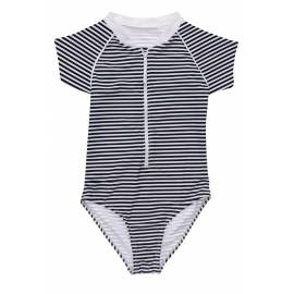 Maillot de bain anti-UV pour fille - Manches courtes - Rayure nautique - Bleu foncé / blanc